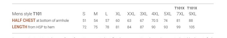 Size chart of Surface Actives mens’ t-shirt sizes.