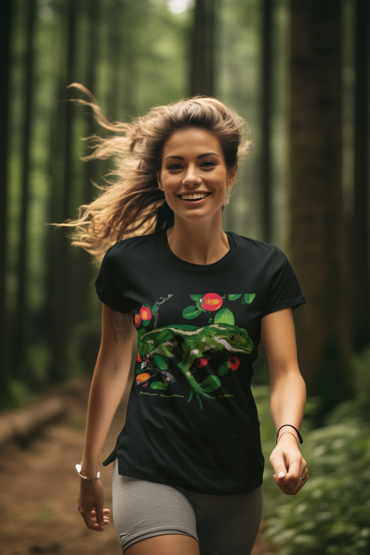 A happy woman wearing a jewelled gecko t-shirt walking in a forest