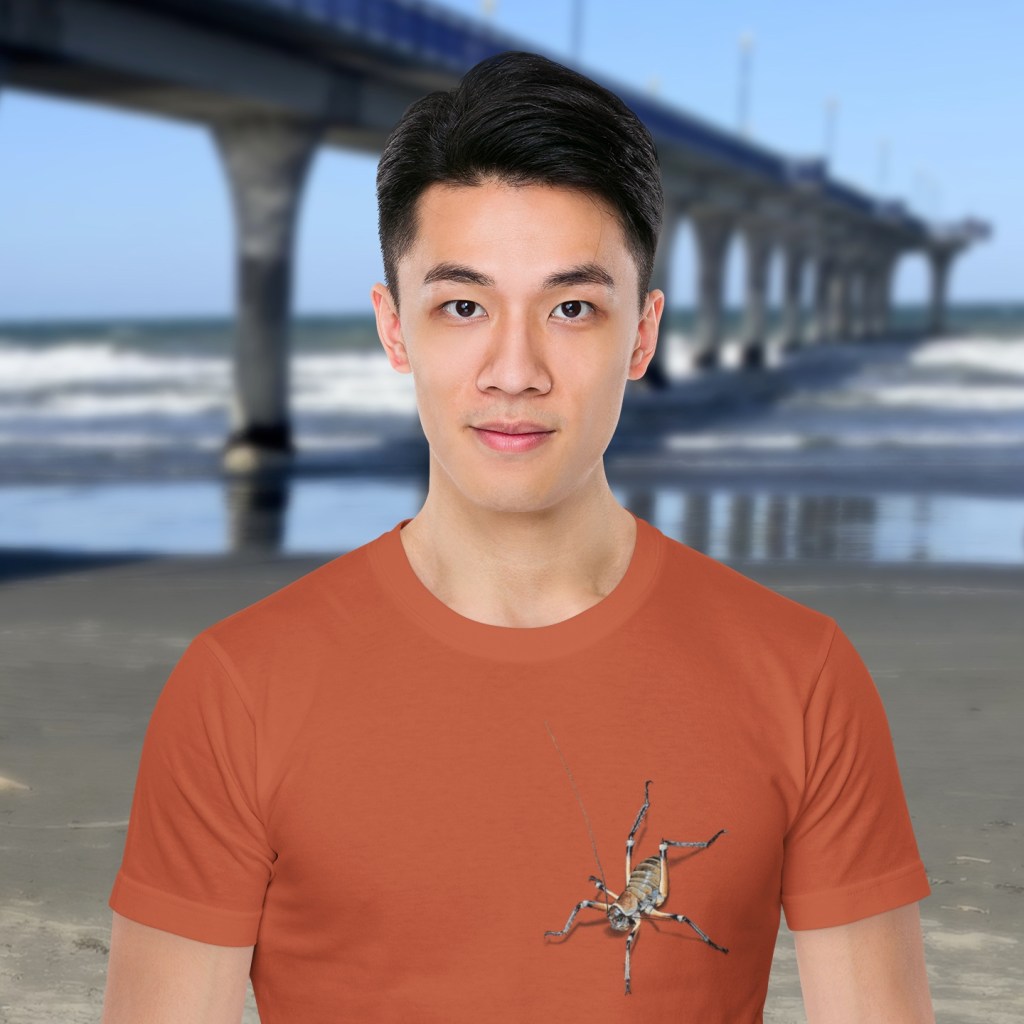 A rust orange Surface Active t-shirt with two colourful pixel painted weta on the front, one on the sleeve and one on the back.