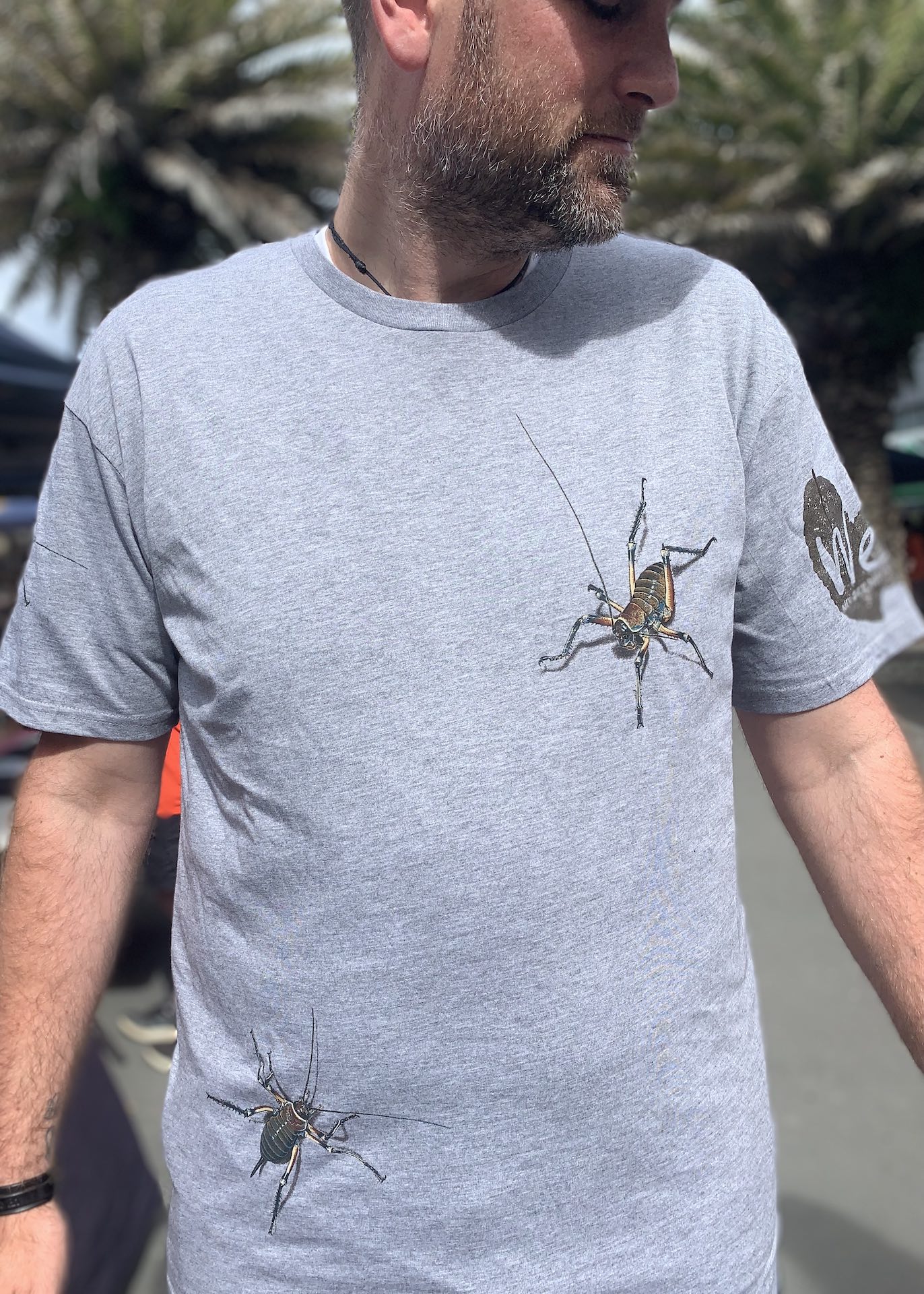 Ben, a regular customer at the New Brighton Seaside Market, wearing a grey marle t-shirt with an all-over Bluff weta print, showcasing Shaun Waugh’s Surface Active New Zealand Nature T-shirt stall in Brighton Mall on Saturday mornings.