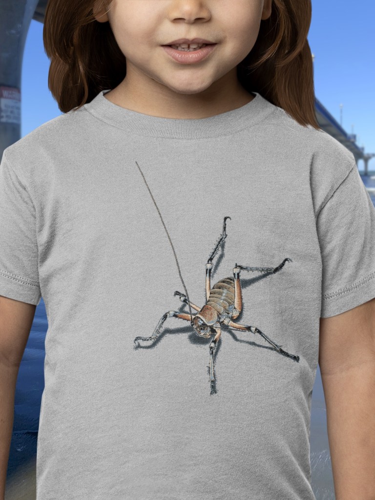 Close-up of a little girl smiling, wearing a grey marle t-shirt with an all-over weta print, with New Brighton Pier in the background.