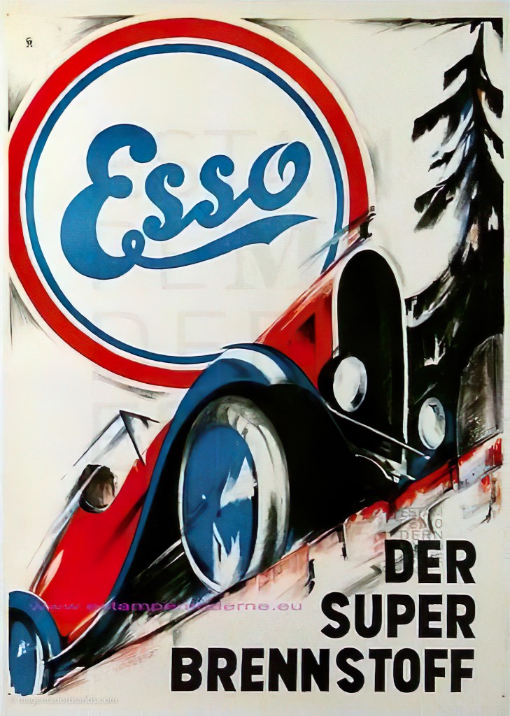 A German Esso oil advertising poster rendered as a stylised action image of a 1920s style convertible car in motion speeding up the road