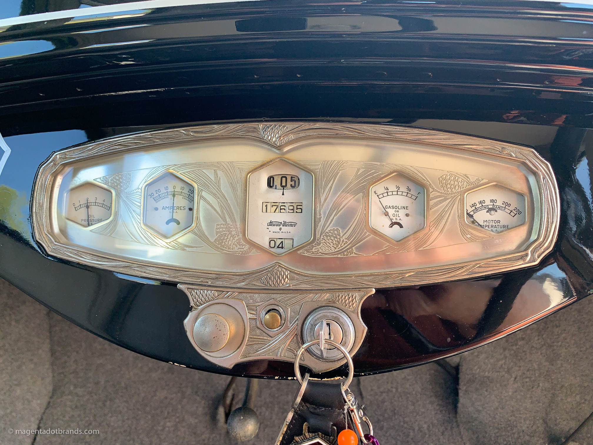 Interior shot of the 1928 Essex Super Six, showcasing the “affordable luxury” of the beautifully sculpted metal dashboard.