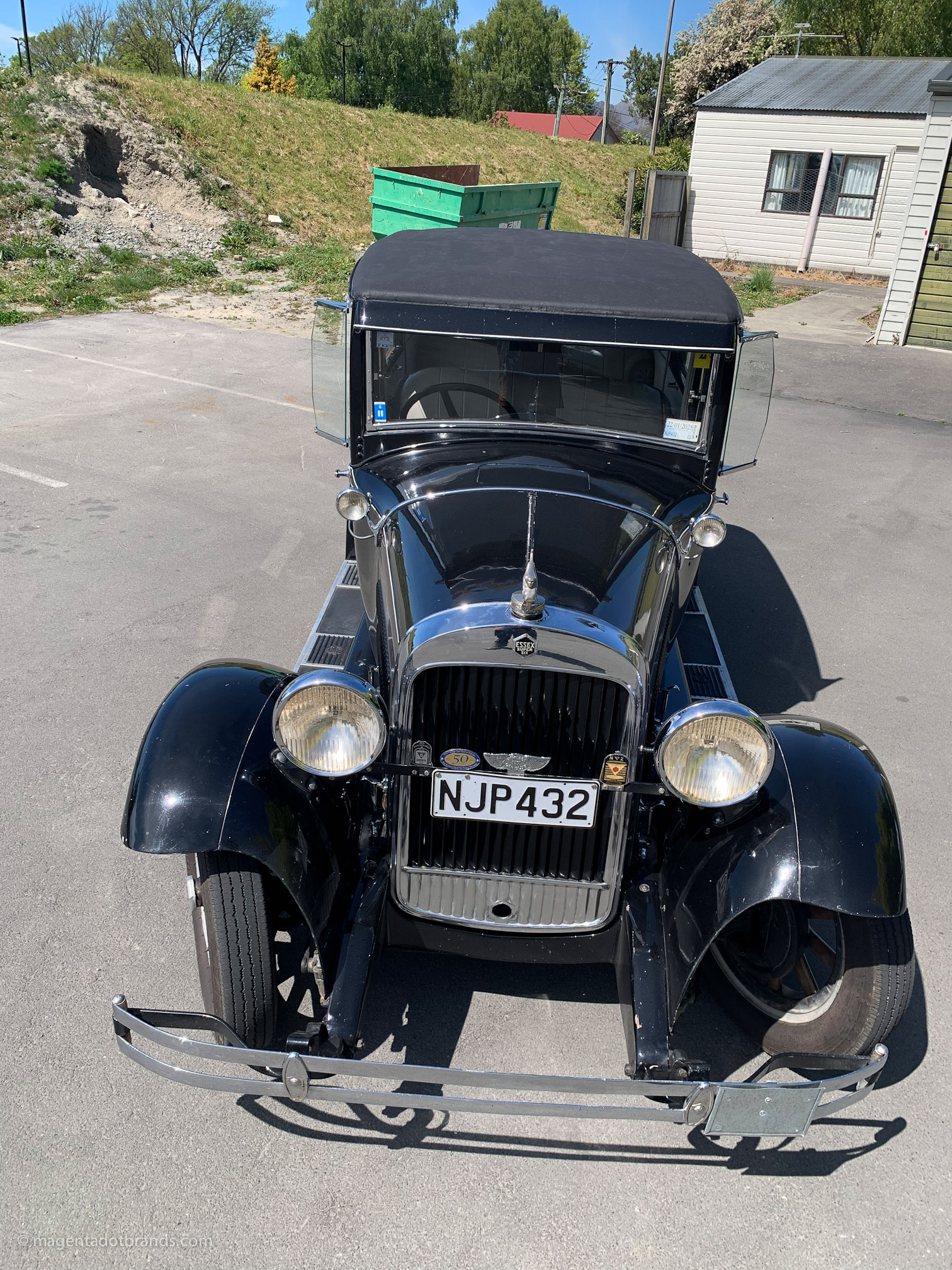 Overhead oblique view, front on, of a restored 1928 Essex Super Six