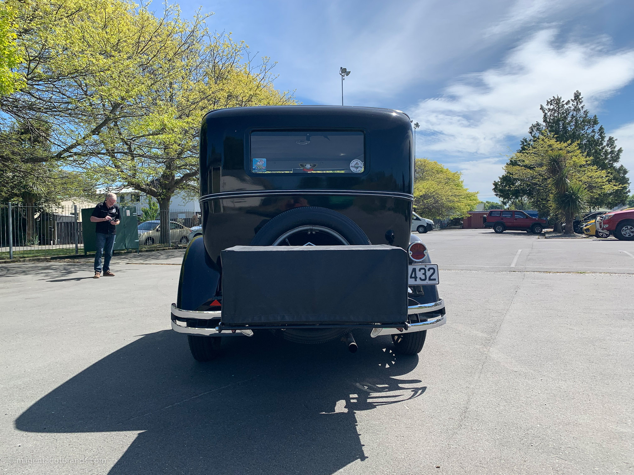 Rear, straight on profile of a restored 1928 Essex Super Six