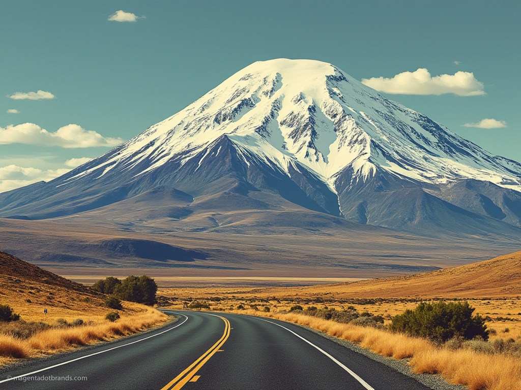 Mt Ruapehu blanketed in snow viewed from the Desert Road