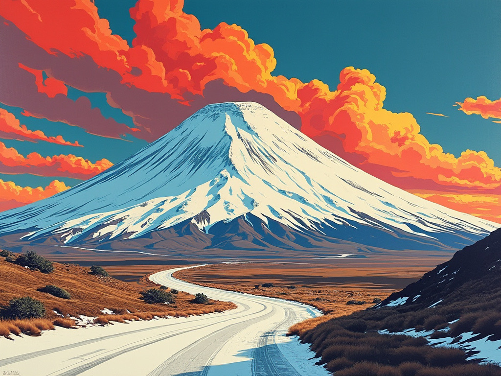 An AI generated image of Mt Ruapehu blanketed in snow viewed from the Desert Road