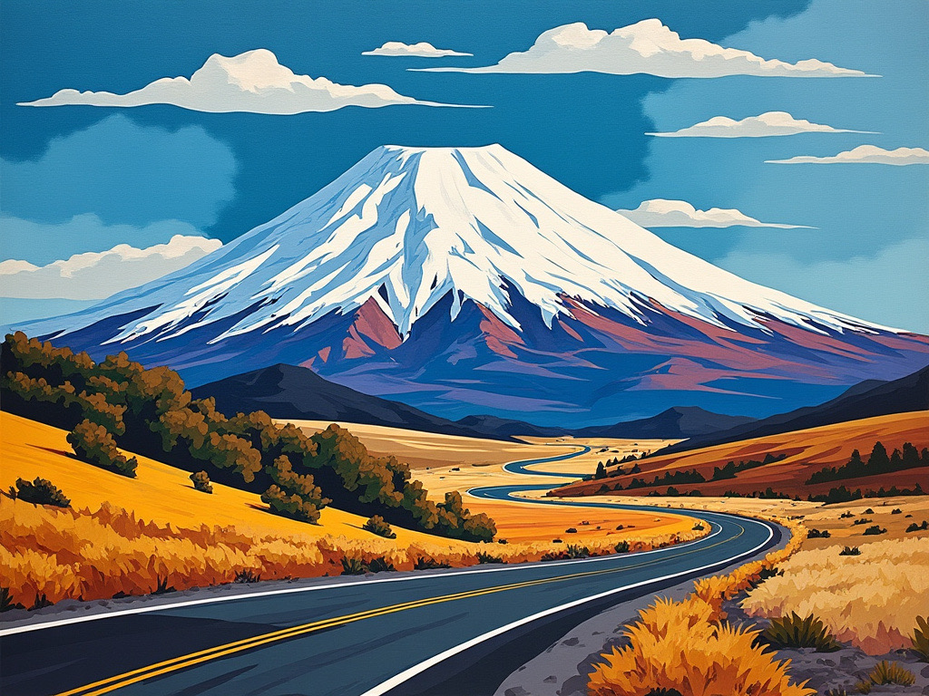 An AI generated image of Mt Ruapehu blanketed in snow viewed from the Desert Road