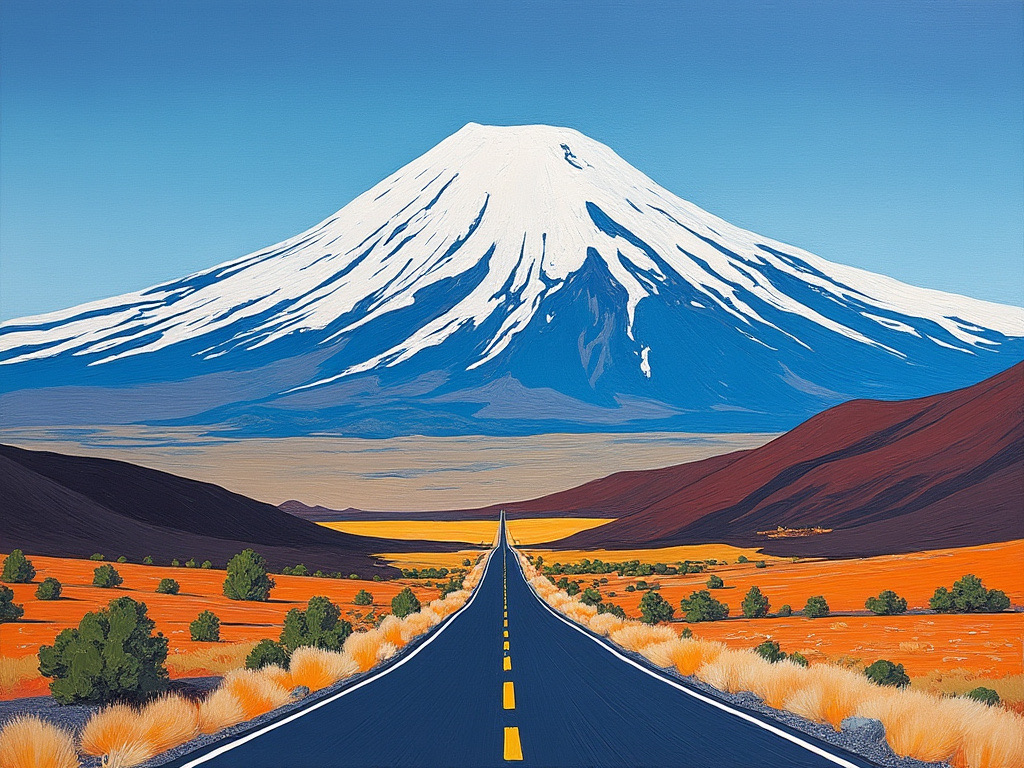 An AI generated image of Mt Ruapehu blanketed in snow viewed from the Desert Road
