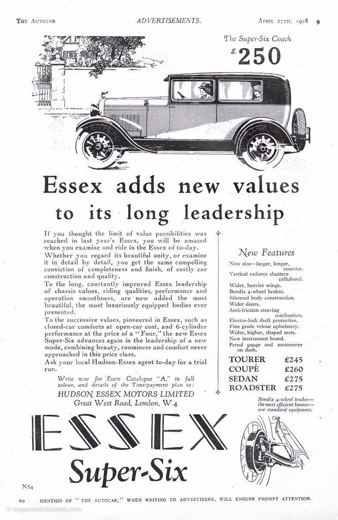 Essex Super-Six black and white press advertisement from 1928
