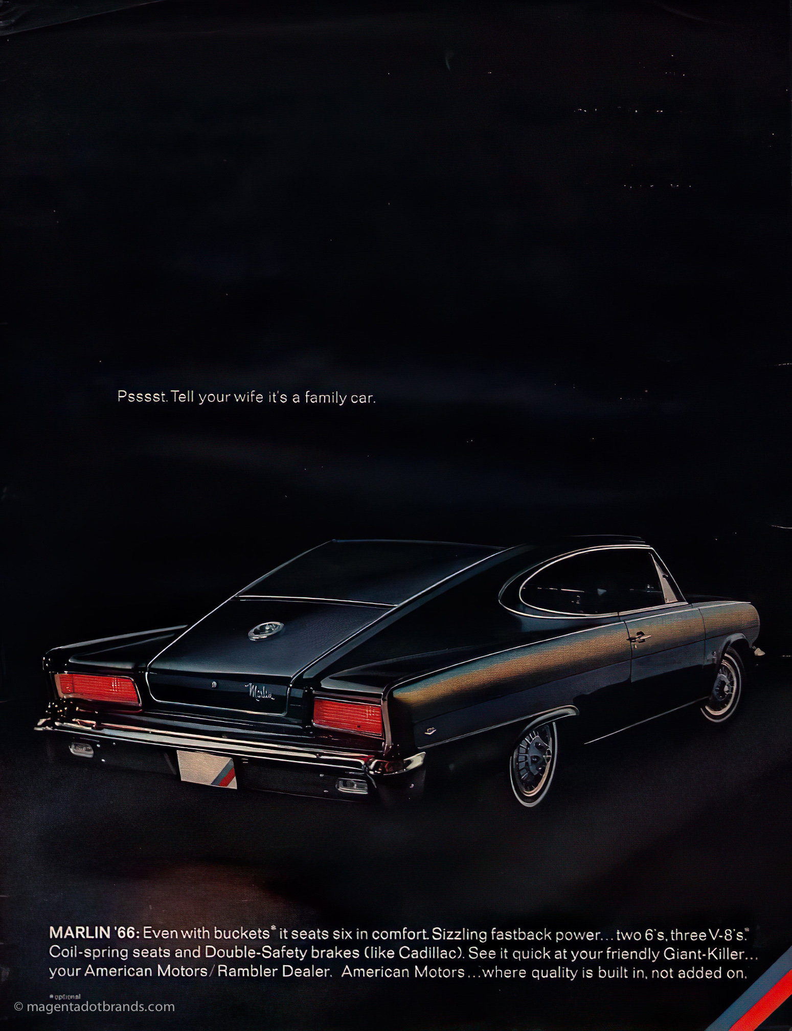 1966 American Motors Marlin: By Rambler, full page magazine advertisement.