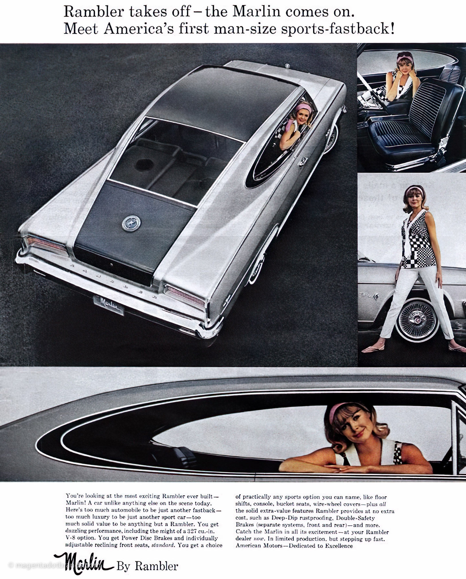 1966 American Motors Marlin: By Rambler, full page magazine advertisement.