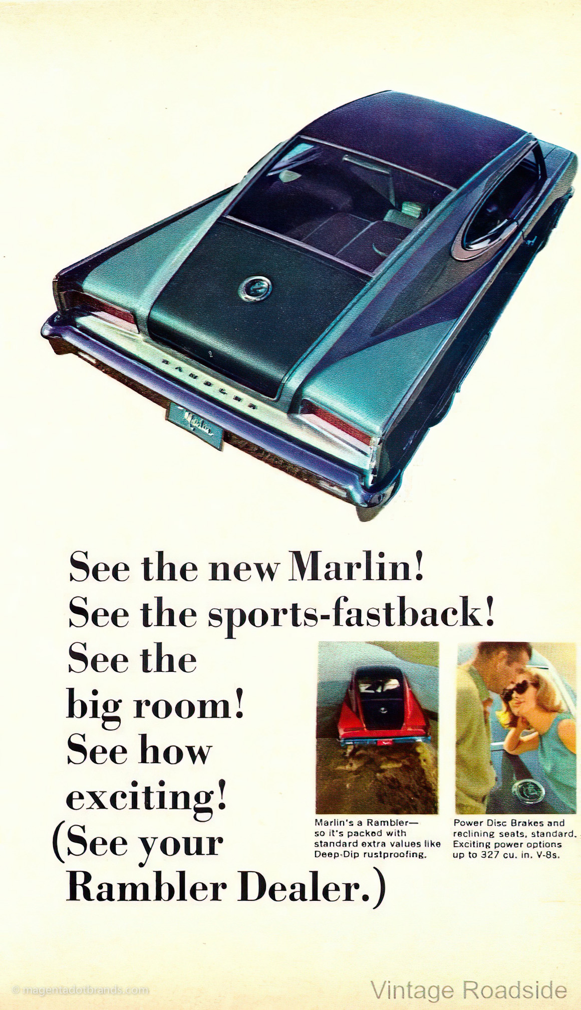 American Motors Marlin 1966 magazine advertising. Headline reads: “See the new Marlin! See the sports-fastback! see the big room? See how exciting! (See your Rambler Dealer.)”