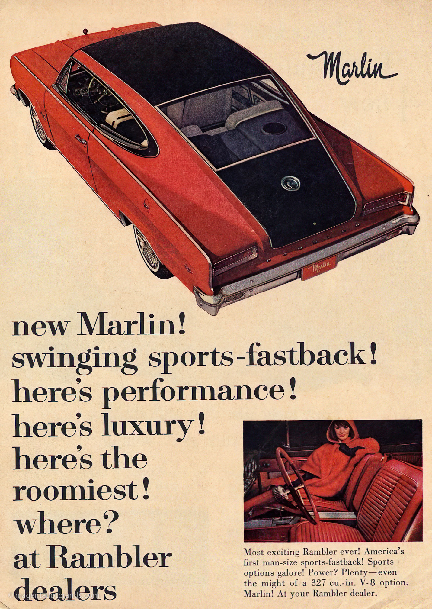 American Motors Marlin 1966 magazine advertising. Headline reads: “new Marlin! swinging sports-fastback! here’s performance! here‘s luxury! here's the roomiest! where? at Rambler dealers”