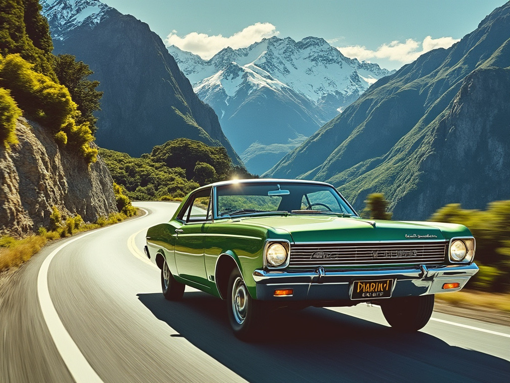 American Motors Marlin AI imagery of a Marlin car composed speeding up a mountain pass in the Southern Alps of New Zealand