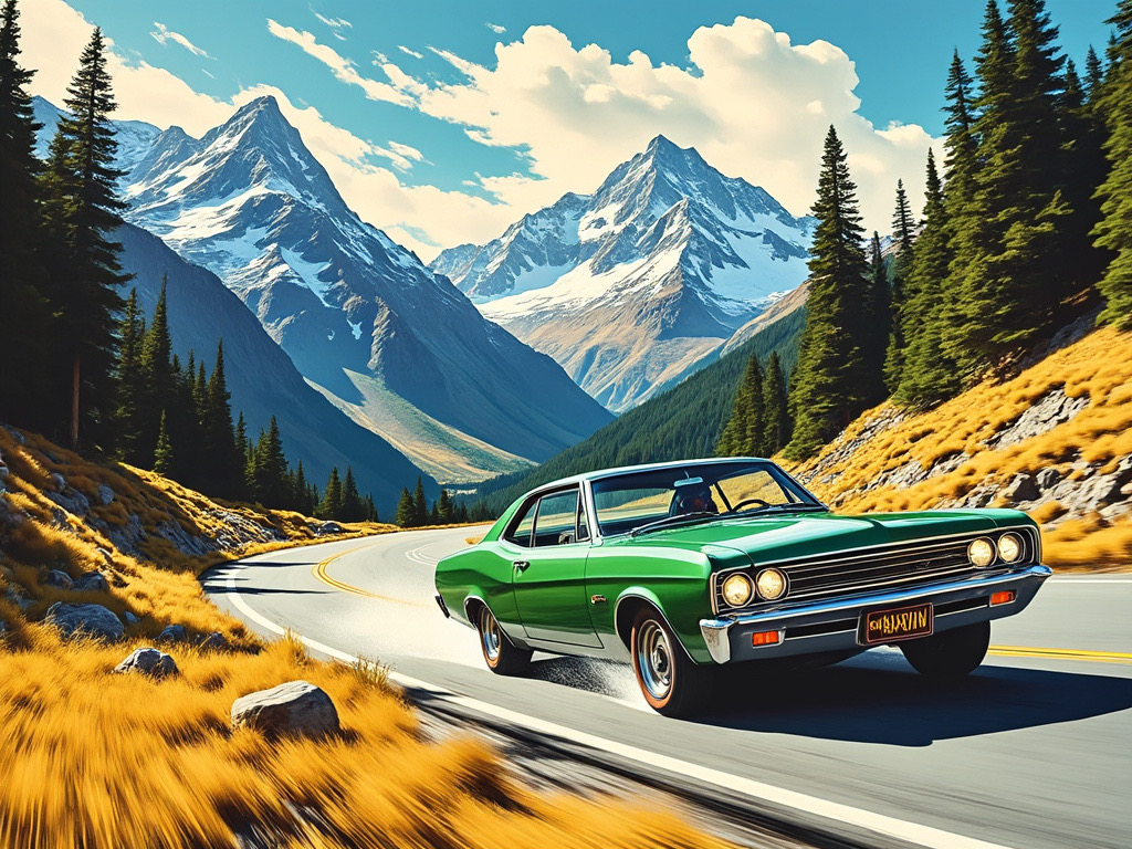 American Motors Marlin AI imagery of a Marlin car composed speeding up a mountain pass in the Southern Alps of New Zealand.