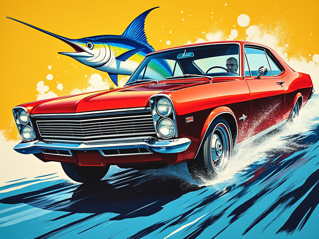 American Motors Marlin AI imagery of a speeding Marlin car composed with a leaping blue marlin.