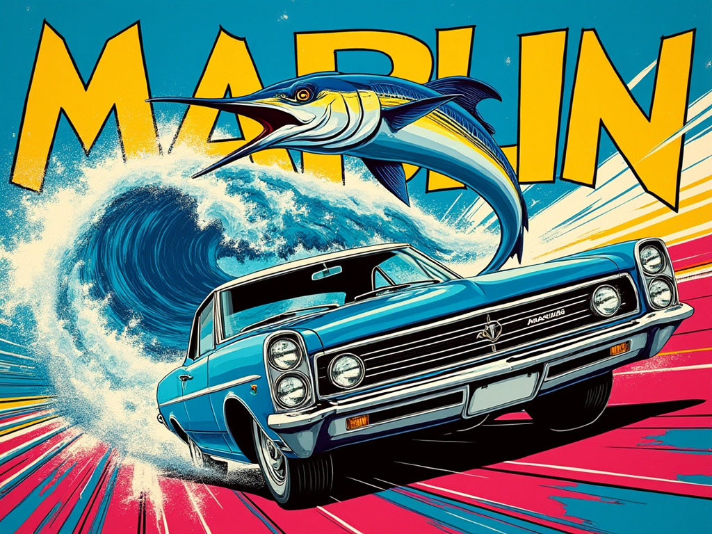 American Motors Marlin AI imagery of a speeding Marlin car composed with a leaping blue marlin.
