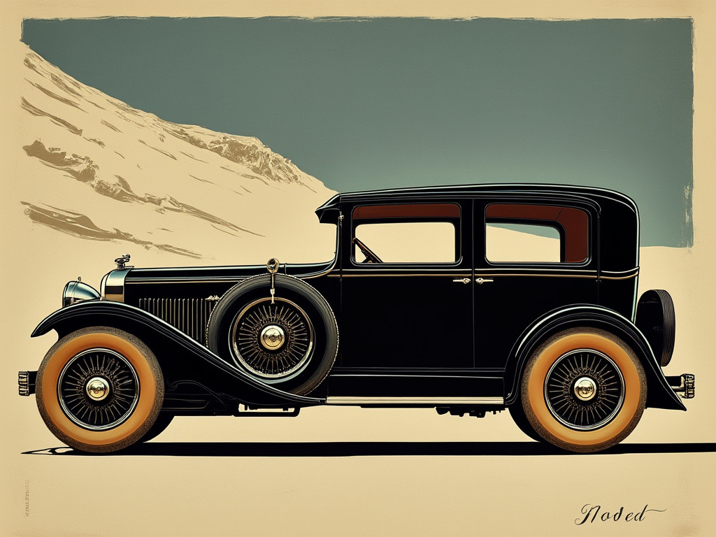 A 1920s travel poster style illustration of a 1928 Essex Super-Six being on an alpine snow field