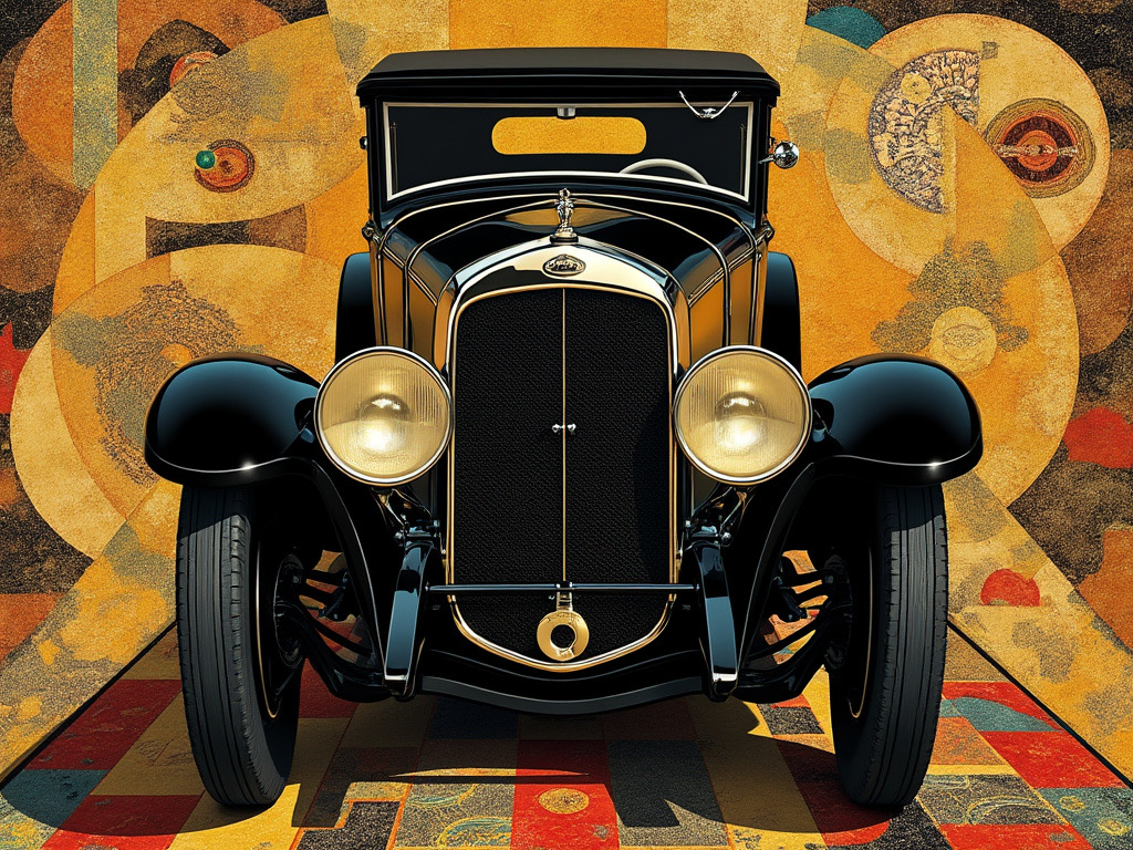A Gustav Klimt style portrait of a 1928 Essex Super-Six in an Art Nouveau fantasy scene