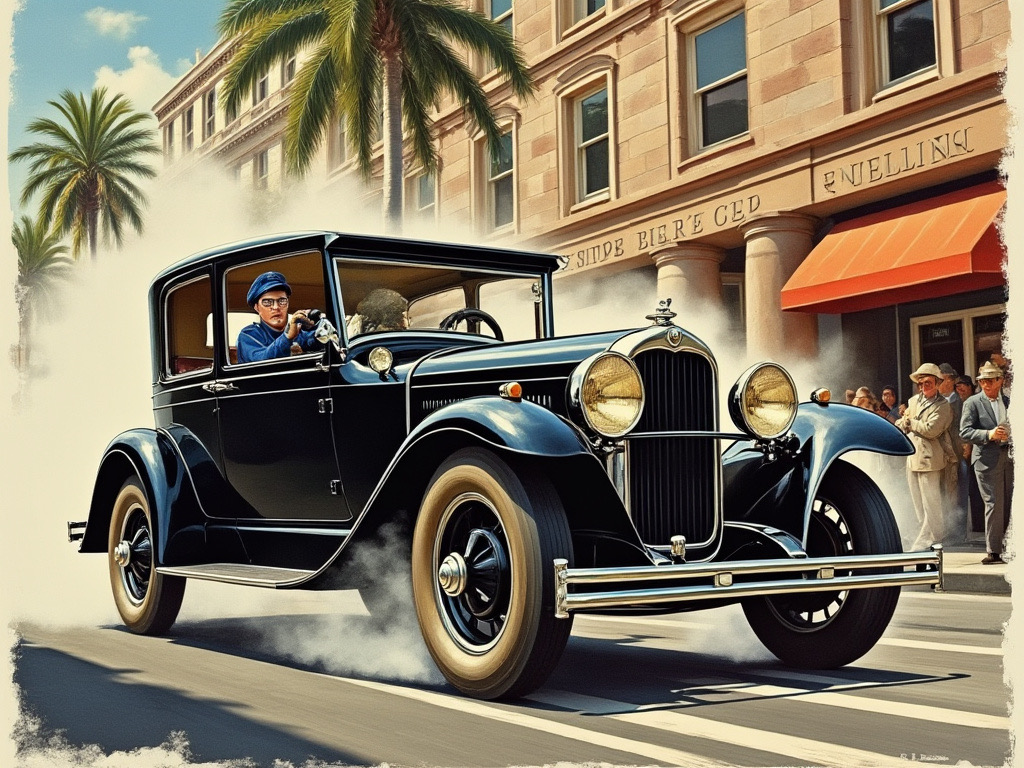 A front three-quarter view of a 1928 Essex Super-Six travelling at high speed through a street in L.A