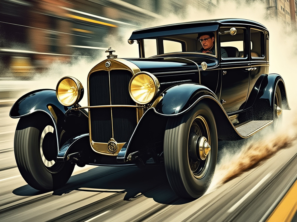 A Norman Rockwell style illustration of a 1928 Essex Super-Six in movie car chase