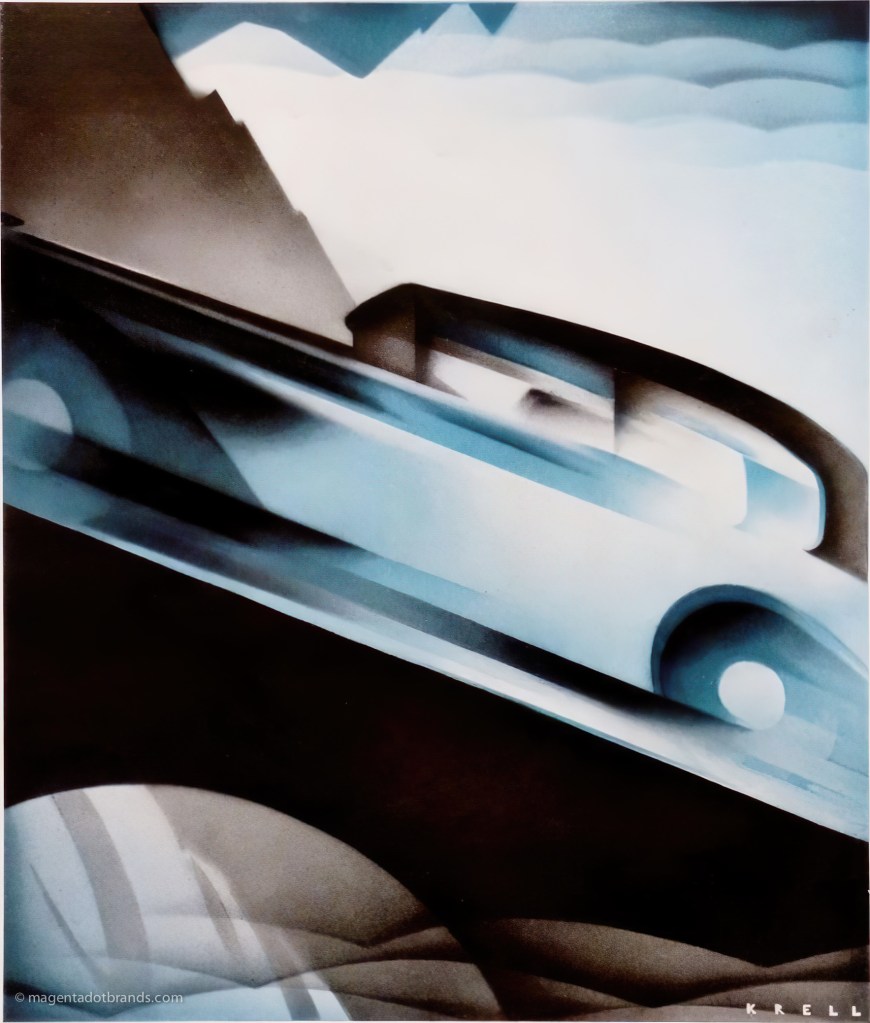 A stylised airbrushed action image of a 1920s style closed-body car represented as a motion blur speeding up a steep road