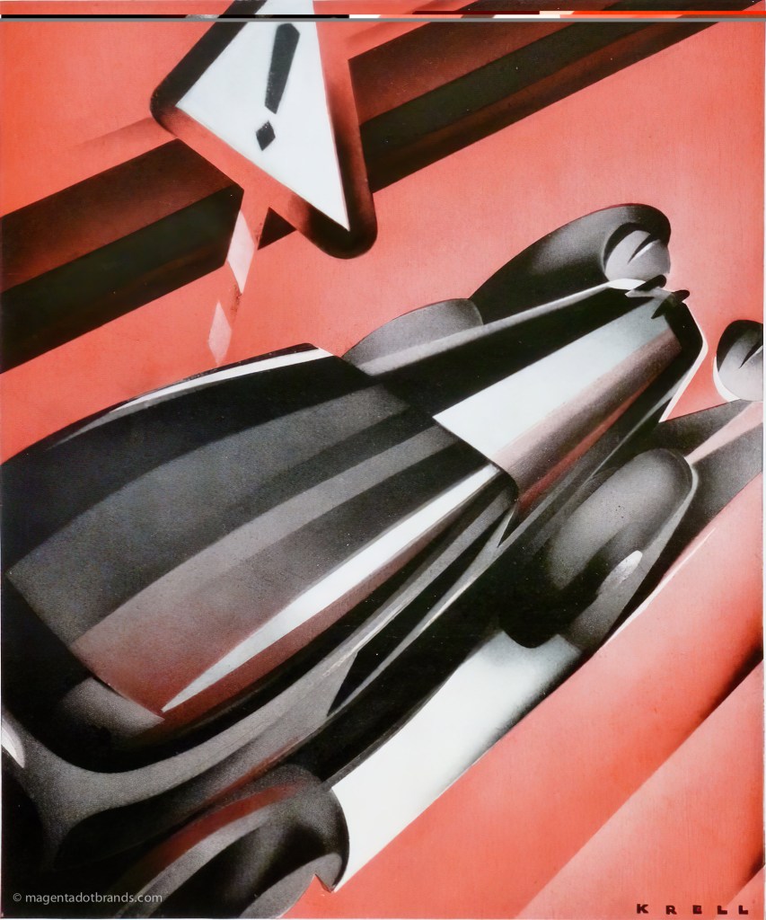 A stylised airbrushed action image of a 1920s style closed-body car speeding past a hazard warning sign on the open road.