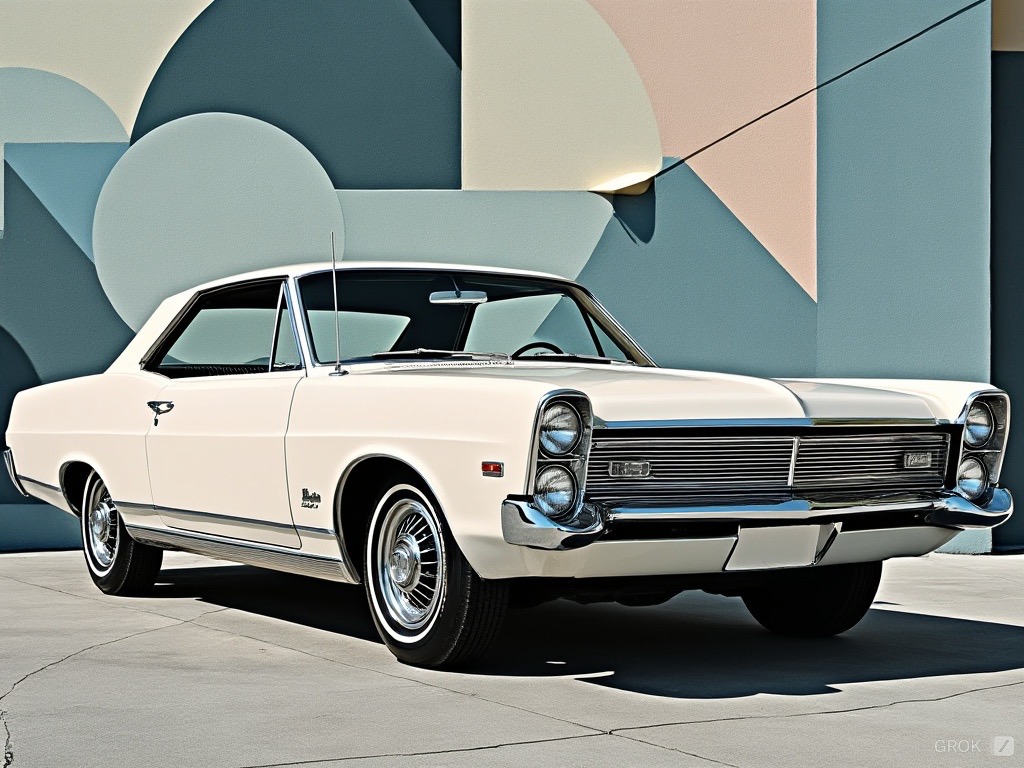 AI generated front three-quarter view of a ‘67 Marlin a geometric Pop Art style.