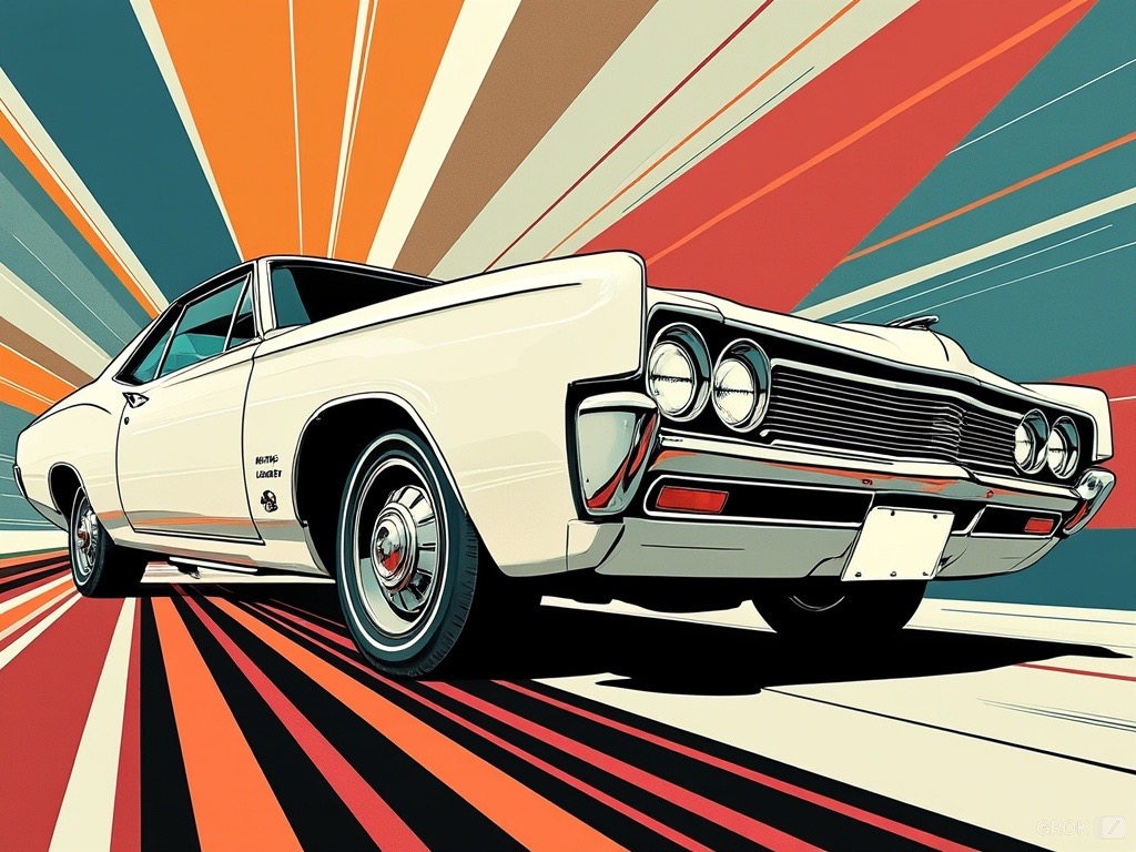 AI generated front three-quarter view of a ‘67 Marlin in dynamic Pop Art style.