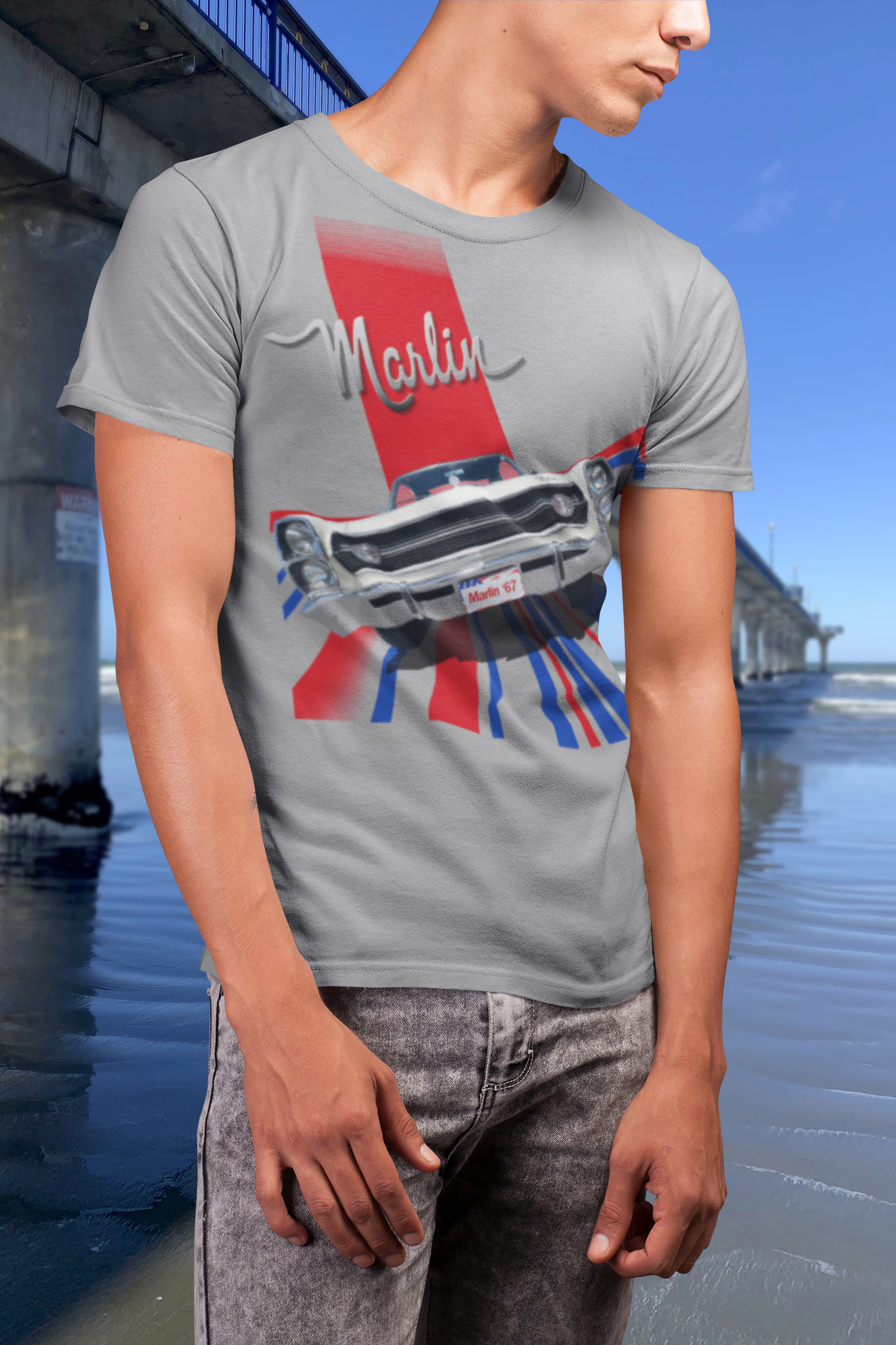 Man in grey marle t-shirt with 1967 AMC Marlin Pop art design, featuring halftone dot edges.