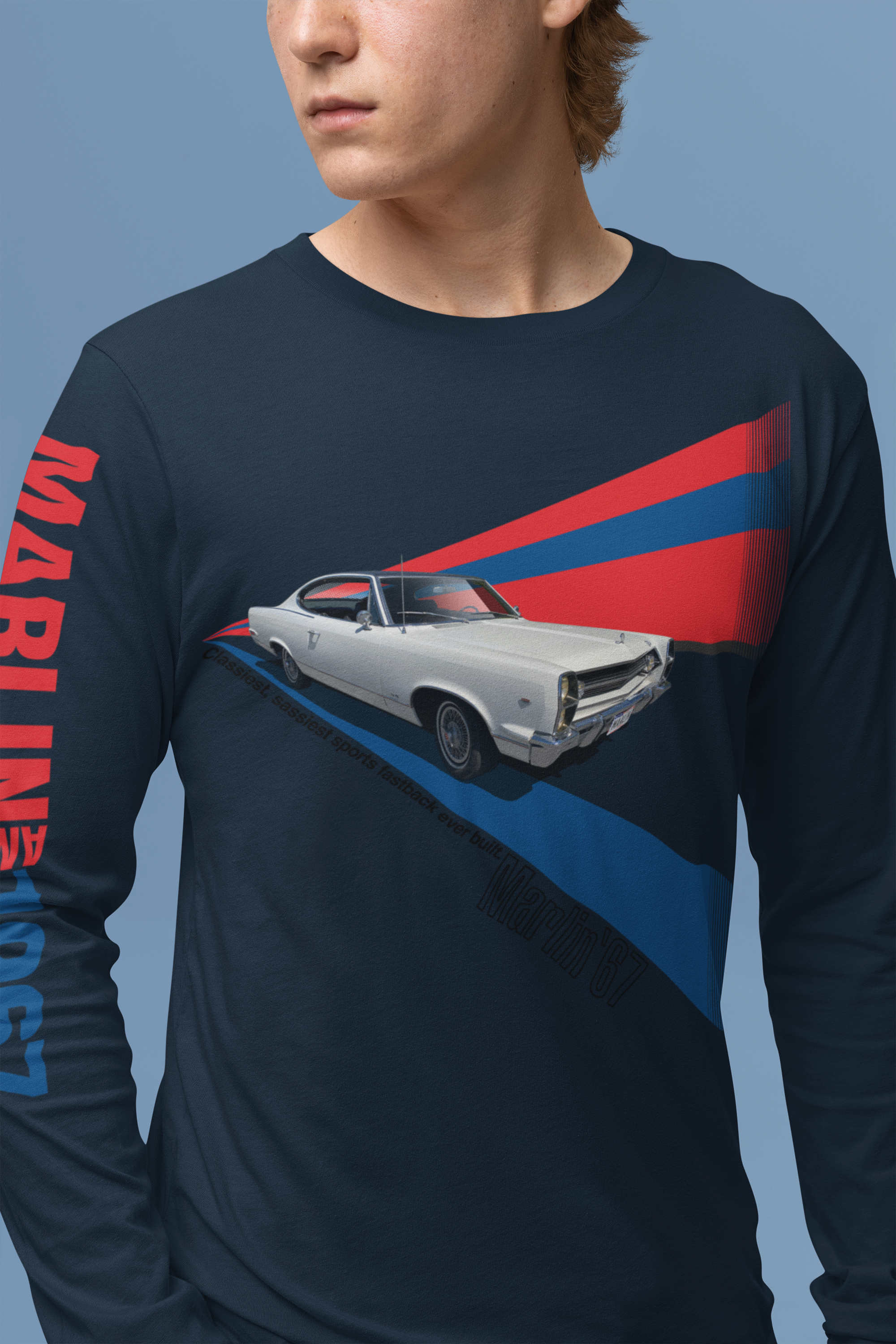 Man in navy blue t-shirt with 1967 AMC Marlin graphic in front three-quarter view.