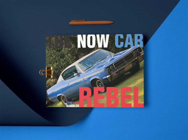 Photo of PDF cover titled ‘Rambler Rebel 1970: The Now Car’ featuring an immaculately restored 1970 Rambler Rebel SST Hardtop Coupe."