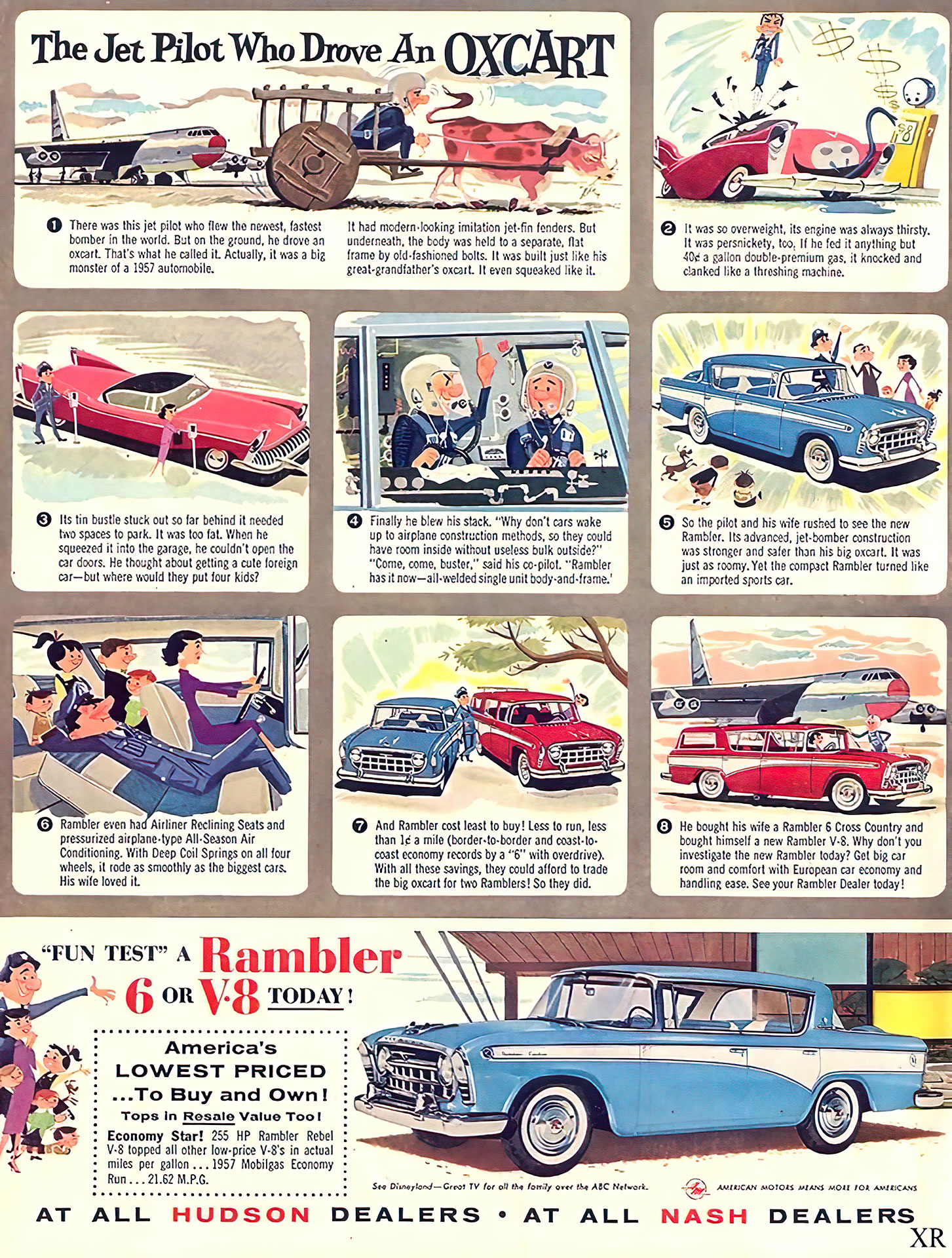 Vintage 1957 Rambler Rebel magazine ad featuring a baby blue sedan with the headline ‘The Jet Pilot Who Drove an Ox Cart,’ highlighting its 255-horsepower V-8 engine.