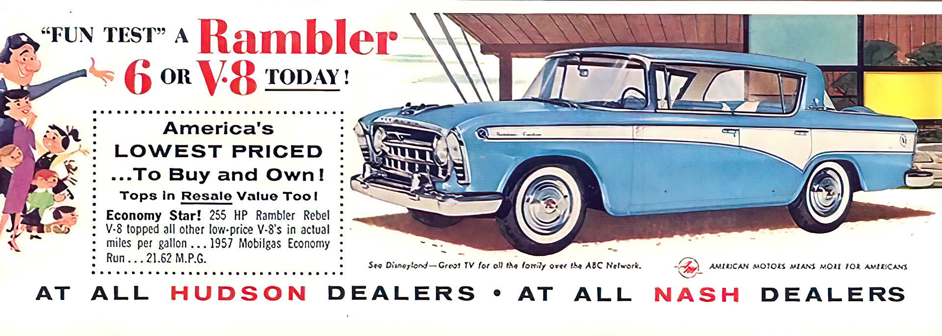 Footer of a 1957 Rambler Rebel comic-style magazine ad with yellow and black text inviting readers for a test drive, featuring the car in Rebel Silver.