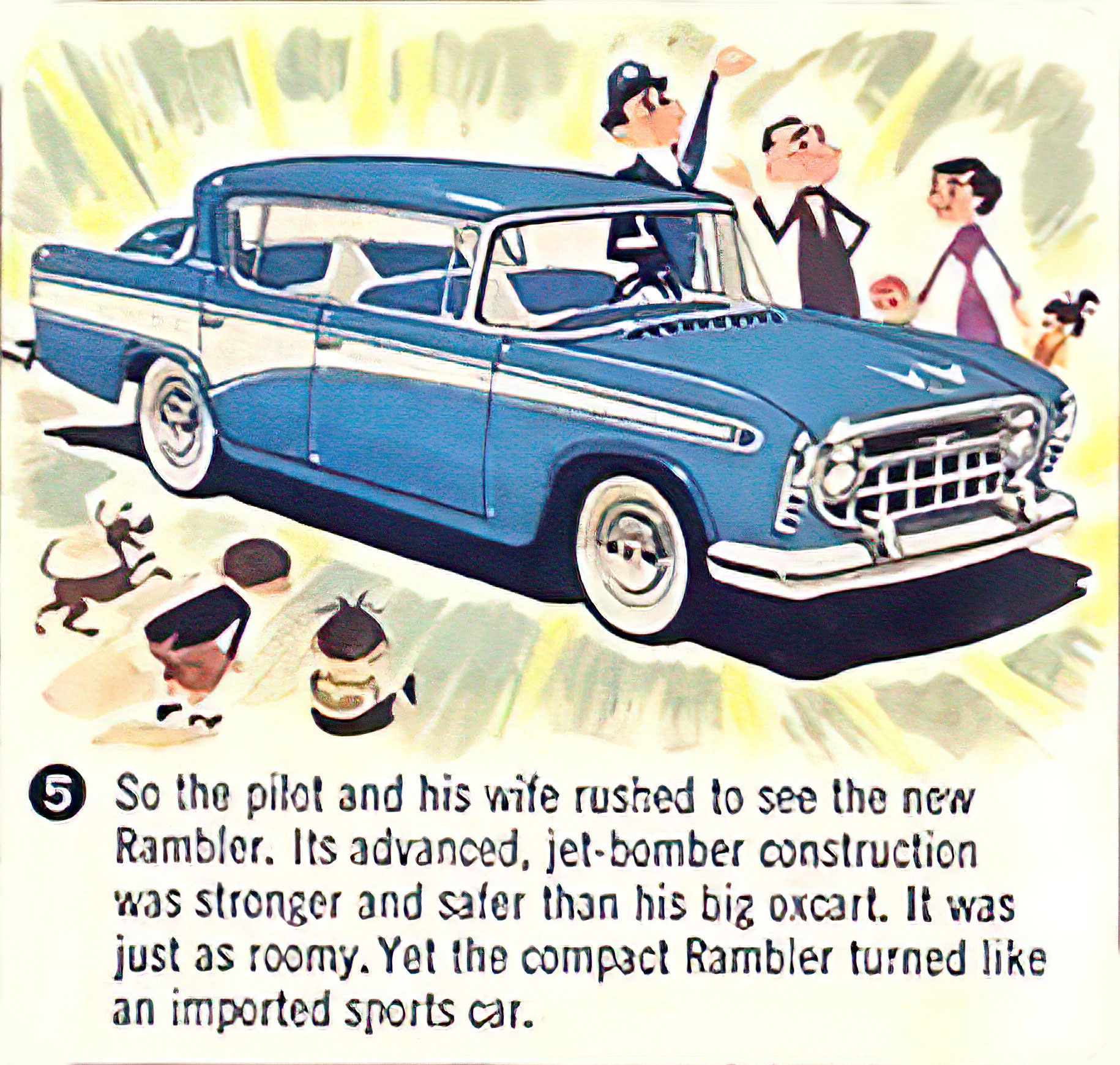 Comic book-style panel from a 1957 Rambler Rebel magazine ad, showing a jet pilot beside the baby blue sedan with bold vintage text.