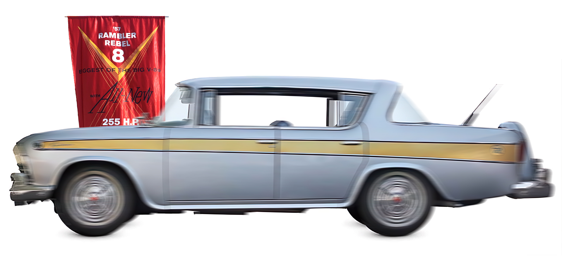 Photocomposite of a 1957 Rambler Rebel sedan in motion as a silver streak with a crisply focused red silk banner in the foreground.