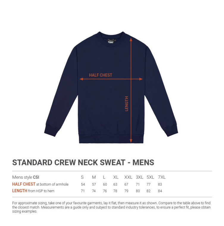 Size chart and diagram for a 300gsm men’s crew sweatshirt, showing measurements for chest, length, sleeve, and shoulder across sizes S to 7XL.
