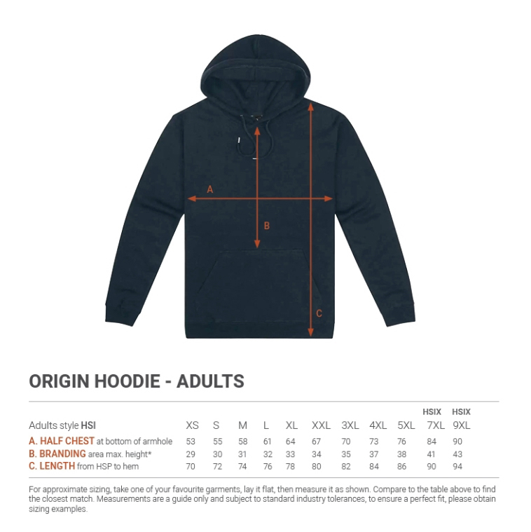 Size chart and diagram for a 300gsm men's hoodie, showing measurements in inches and centimeters with a labeled figure illustration.