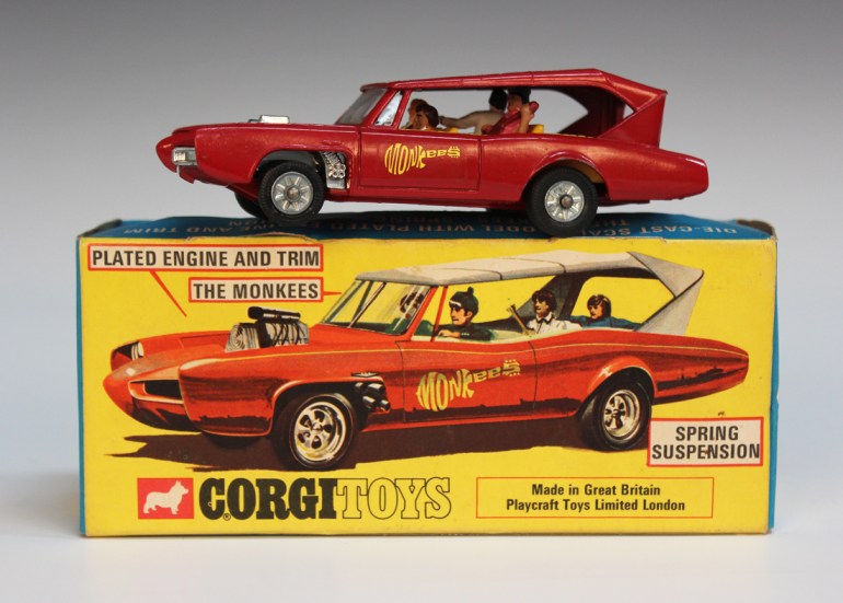 Monkeemobile Corgi die-cast toy model with original packaging, based on the 1966 Pontiac GTO from The Monkees TV series.
